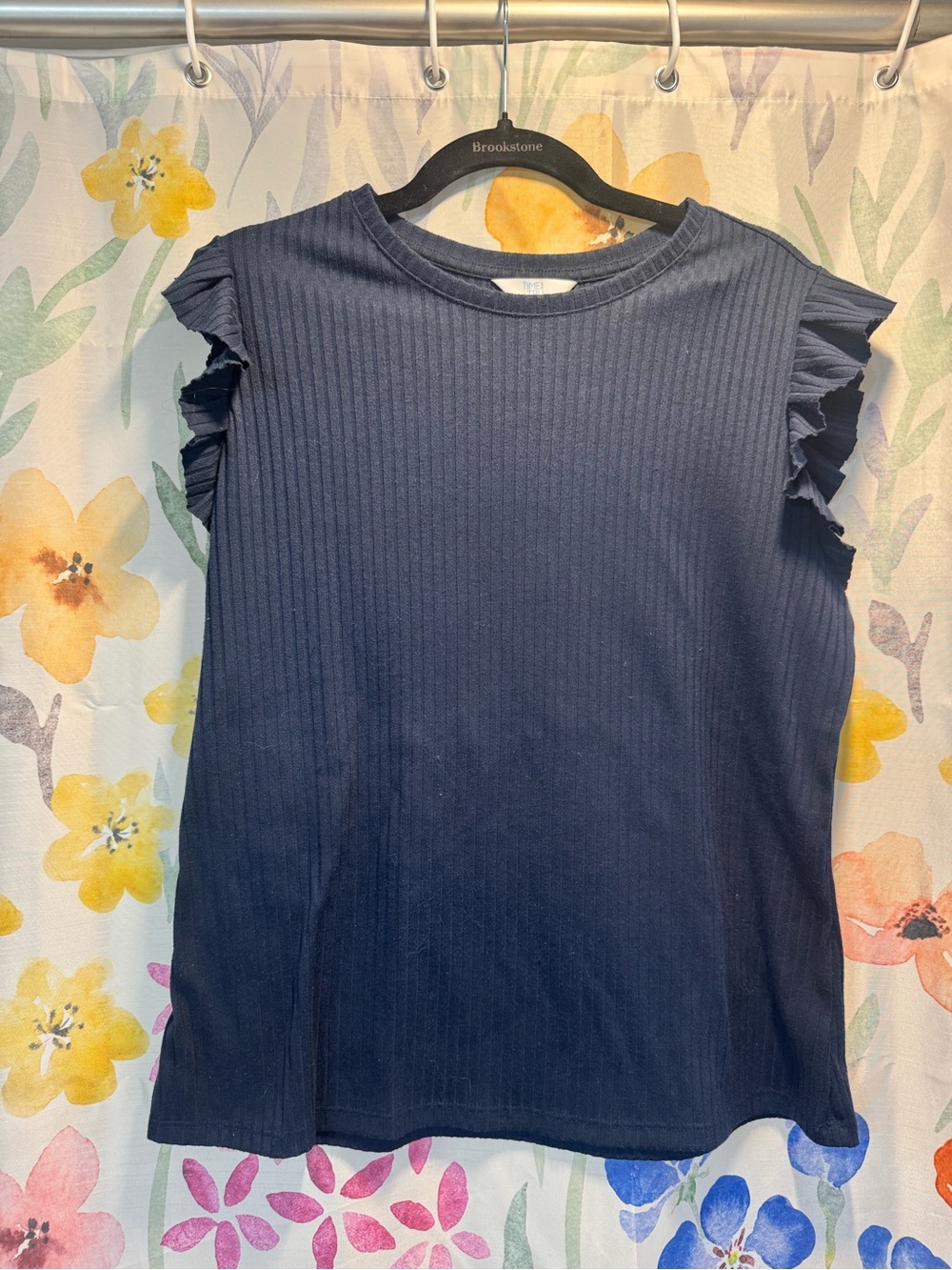 Time and Tru Navy Ribbed Ruffle Sleeve Top